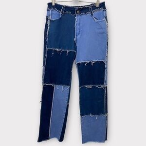 Shades of Blue Frayed Patchwork Y2K Style Stretch Denim Jeans Size XXL